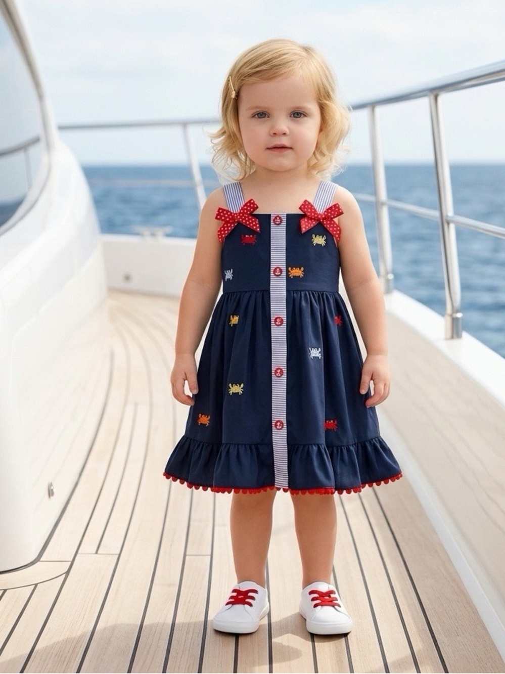 Goodlad Girls 3T Nautical Crab Embroidered Sundress Navy Red
